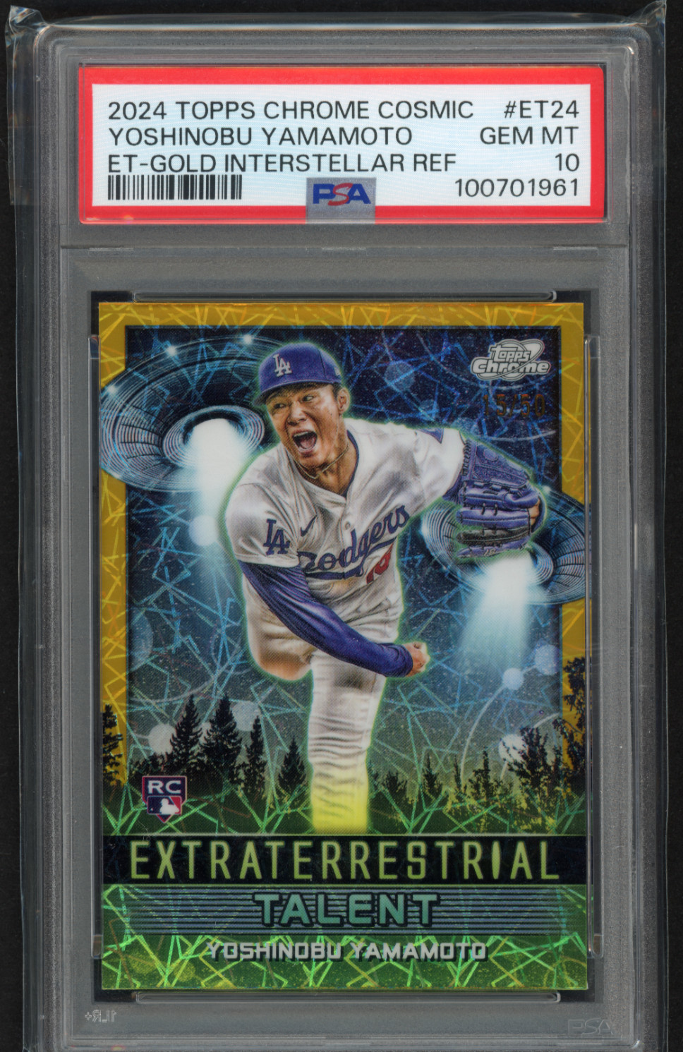 2024 Topps Chrome Cosmic Yoshinobu Yamamoto Gold Interstellar RC #15/50 PSA 10