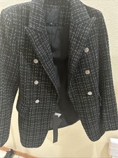 New Mina Self Blazer Jacket Womens S Black Plaid Lined Double Breasted Tweed