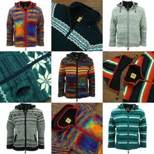 Handgestrickt Wolle mit Kapuze Jacke Strickjacke Nepal Warm Gefüttert Boho Zip