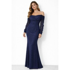 Windsor Navy Size S Sparkle Off Shoulder Ruffle Sleeve Mermaid Gown Dress