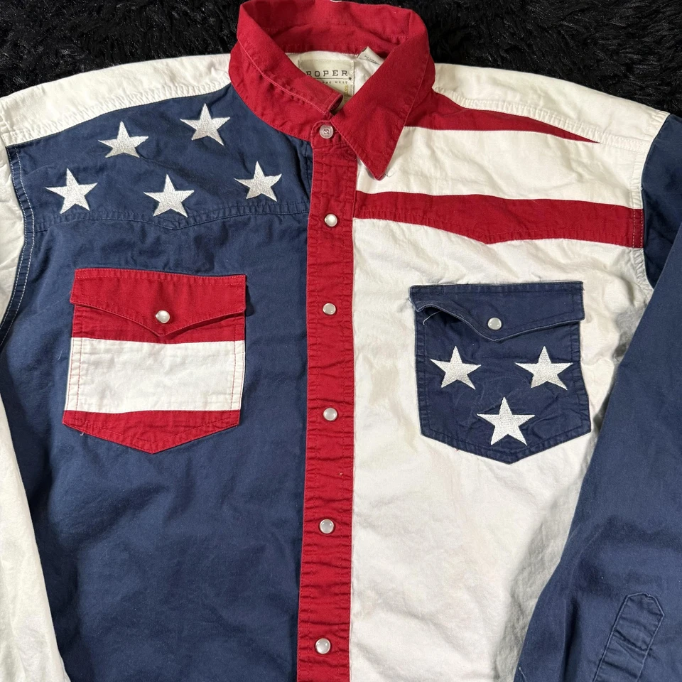 Camisa Roper Para Hombres XL Roja Blanca Azul Perla Occidental A Presión Bandera de EE. UU. Estrellas Rayas Foto 2 de 4
