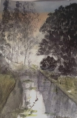 paintingOriginal watercolor, foggy beauty of nature, forest, rive LANDSCAPE GIFT