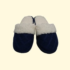 VICTORIA S SECRET WINTER SLIPPERS KNIT FABRIC FAUX-FUR LINING TRIM NAVY SIZE 7/8