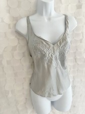 VTG Victoria  s Secret M 100 SILK Blue Gray Embroidered Camisole Top Gold Label