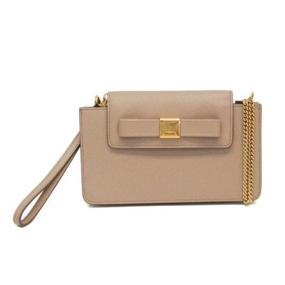Prada Saffiano Fiocco Smartphone Case Beige Schultertasche Gold Auth
