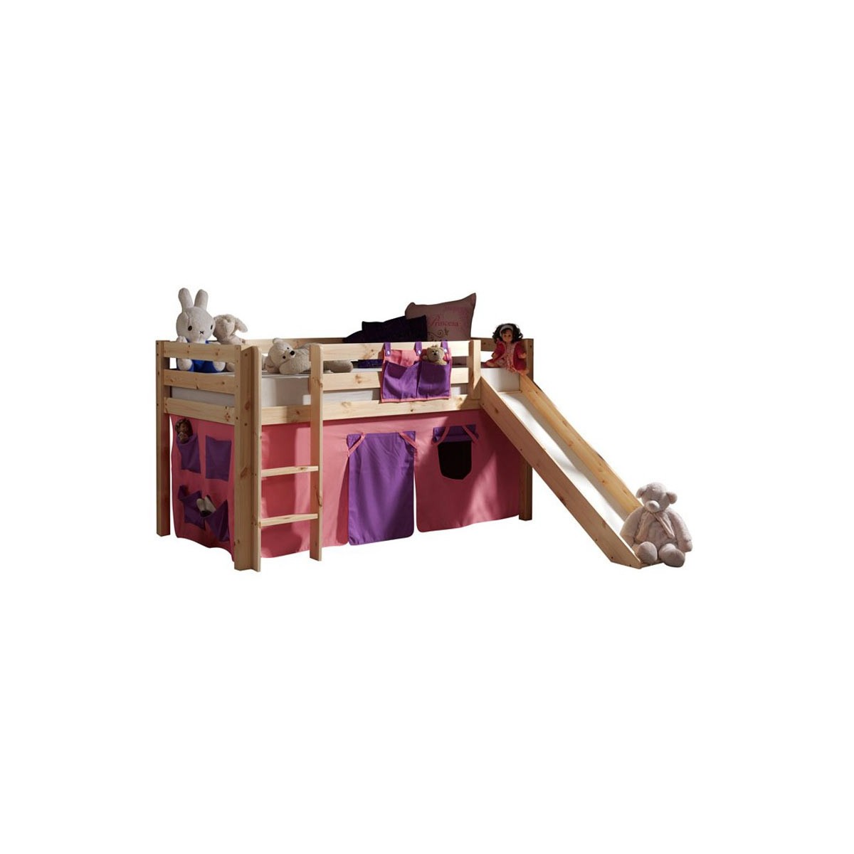 Lit cabane enfant avec toboggan et rideau rose Pino pour transformer la chambre de fille
