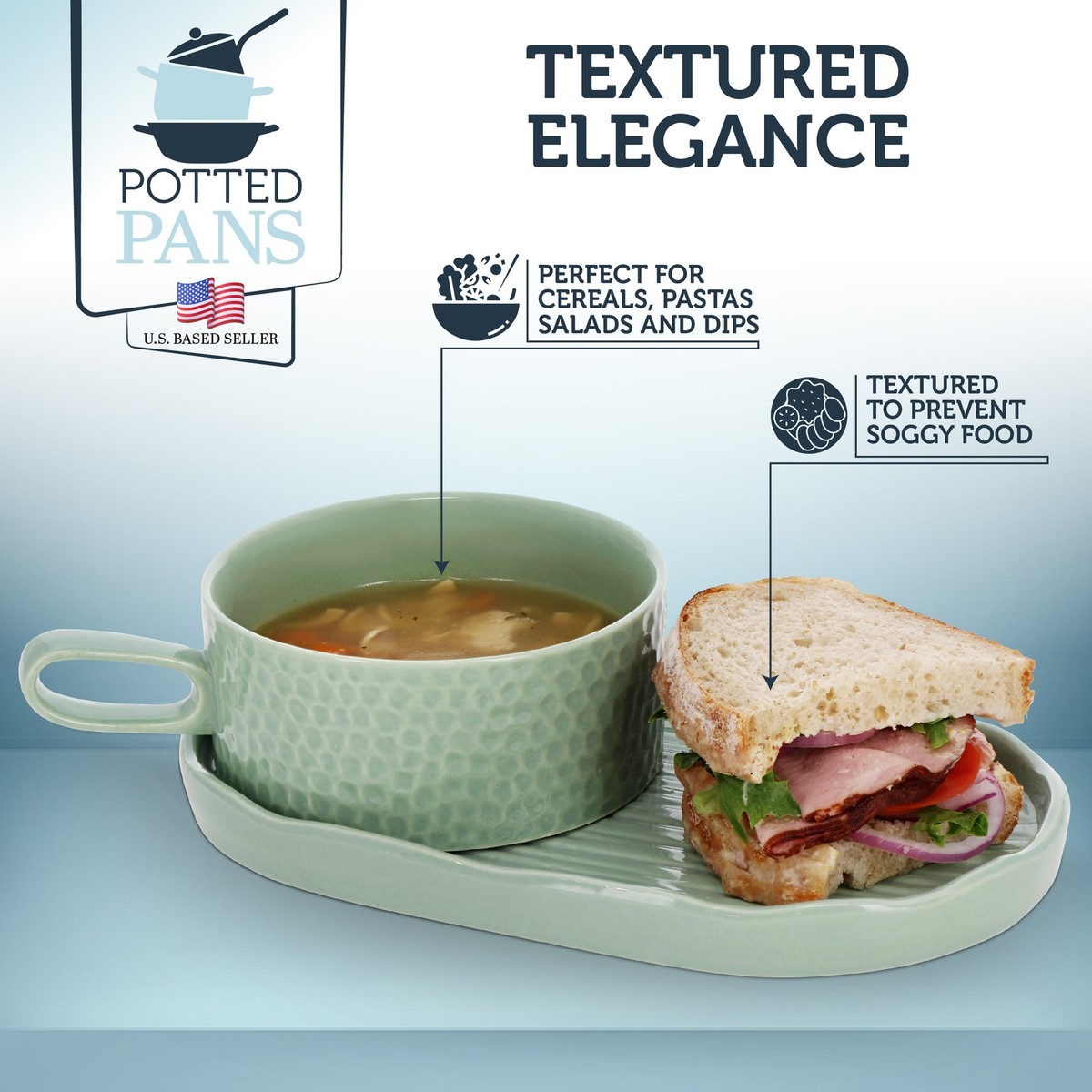 Potted Pans Soup and Sandwich Set of 16oz Mint Soup Bowl with