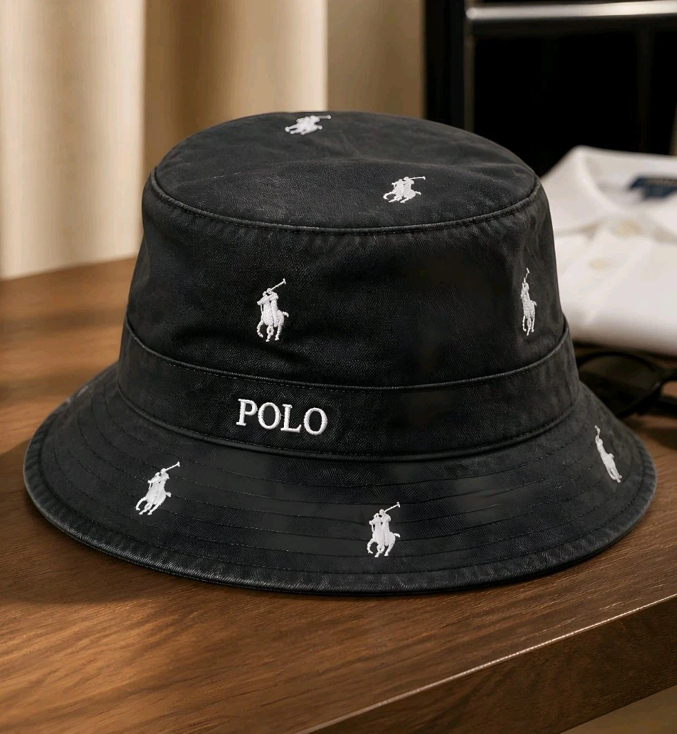 POLO RALPH LAUREN MEN TWILL ALLOVER PONY BUCKET HAT GRAY/WHITE#710800570010-NWT