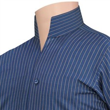 Preppy Style Mens Tall Neck High Open Buttonless Collar Solid Blue Stripes Shirt
