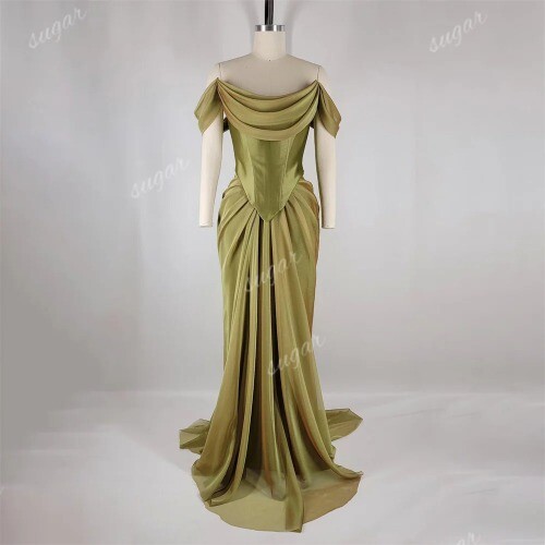 Vintage French Corset WeddingDress Pleated Mermaid BridalGowns Sexy Off Shoulder - Picture 6 of 11
