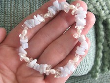 NEW RUSTIC NATURAL CHALCEDONY BLUE LACE AGATE  CRYSTAL W/ PEARL CUFF BRACELET