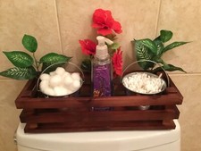 Bathroom Caddy Organizer w/ Tins Weathered Mahogany Wooden Storage Box Farmhouse