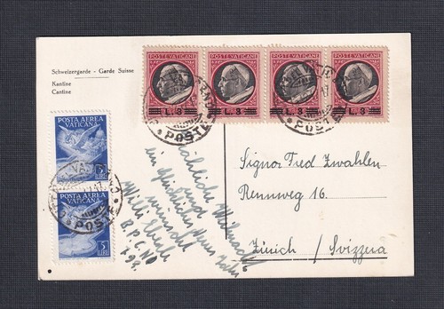 VATICAN CITY 1947 MULTIPLE ISSUES ON ’SWISS GUARD’ RPPC POSTCARD TO SWITZERLAND