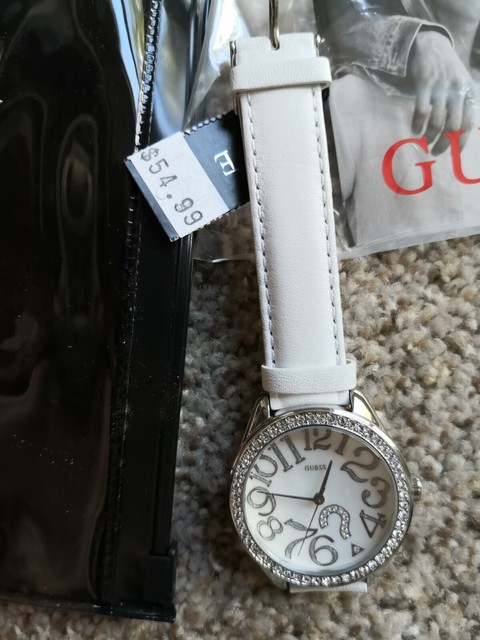 guess watch white leather strap