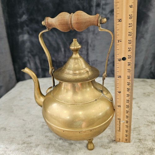 Vintage Brass Teapot Kettle With Wood Handle - Picture 6 of 9