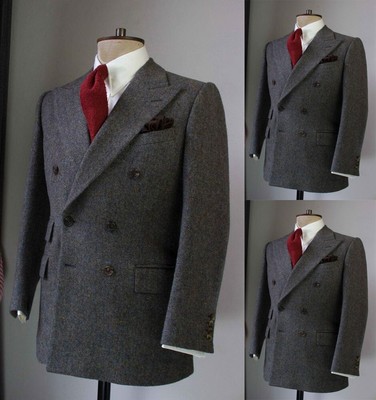 Dark Gray Herringbone Men's Suits Double Breasted Tuxedos Wedding Party Blazer