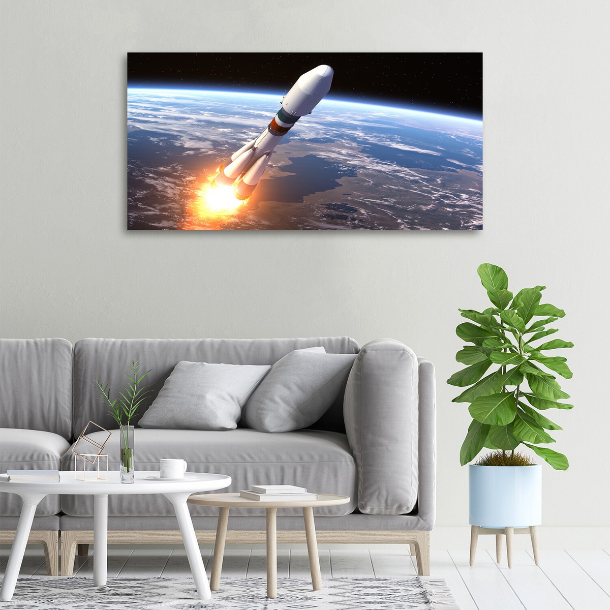 Tableau Sur Toile Fusée De Départ - 50x100 Cm, Couleurs Jaune, Style Moderne, Neuf