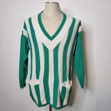 Sostanza Women's Ramie Cotton Sweater Broad Stripe Medium White Greeb Pockets