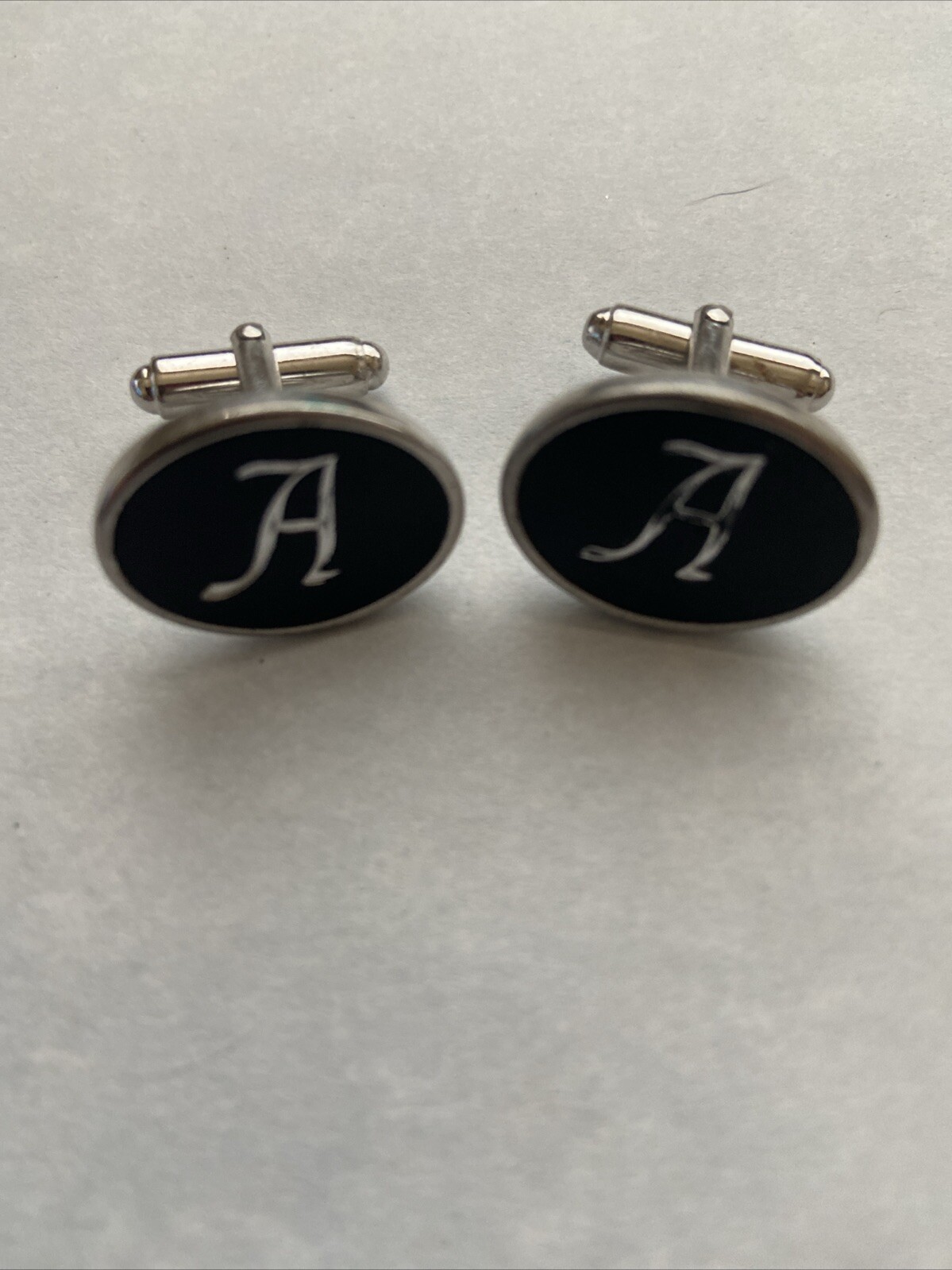 VINTAGE Original SILVER TONE INITIAL A Engraved Script CUFF LINKS SET