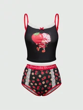 Women's Strawberry Shortcake Cami & Brief Panty Underwear Lounge Lingerie Set