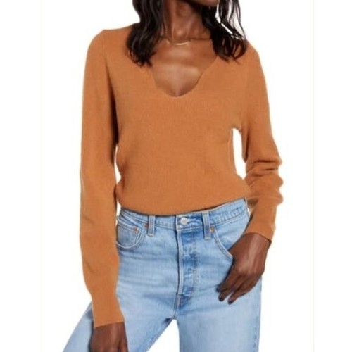 V-Neck Slouchy Ribbed Sweater Tan XS | eBay