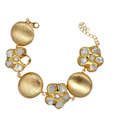 8" White Sea Shell Flower Gold Plated Brushed Coin Bead Bracelet