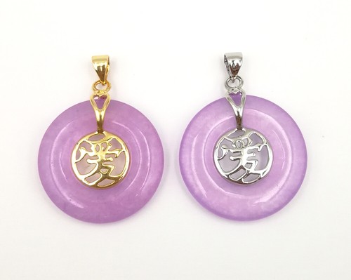 Light Green Real Jade Circle Donut 18KGP Chinese Character Love Pendant Necklace - Picture 9 of 60