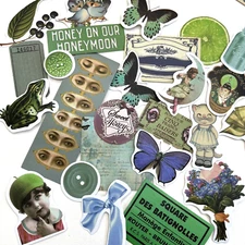 60 Green Blue Collage Stickers Vintage Style Scrapbooking Junk Journal Planners