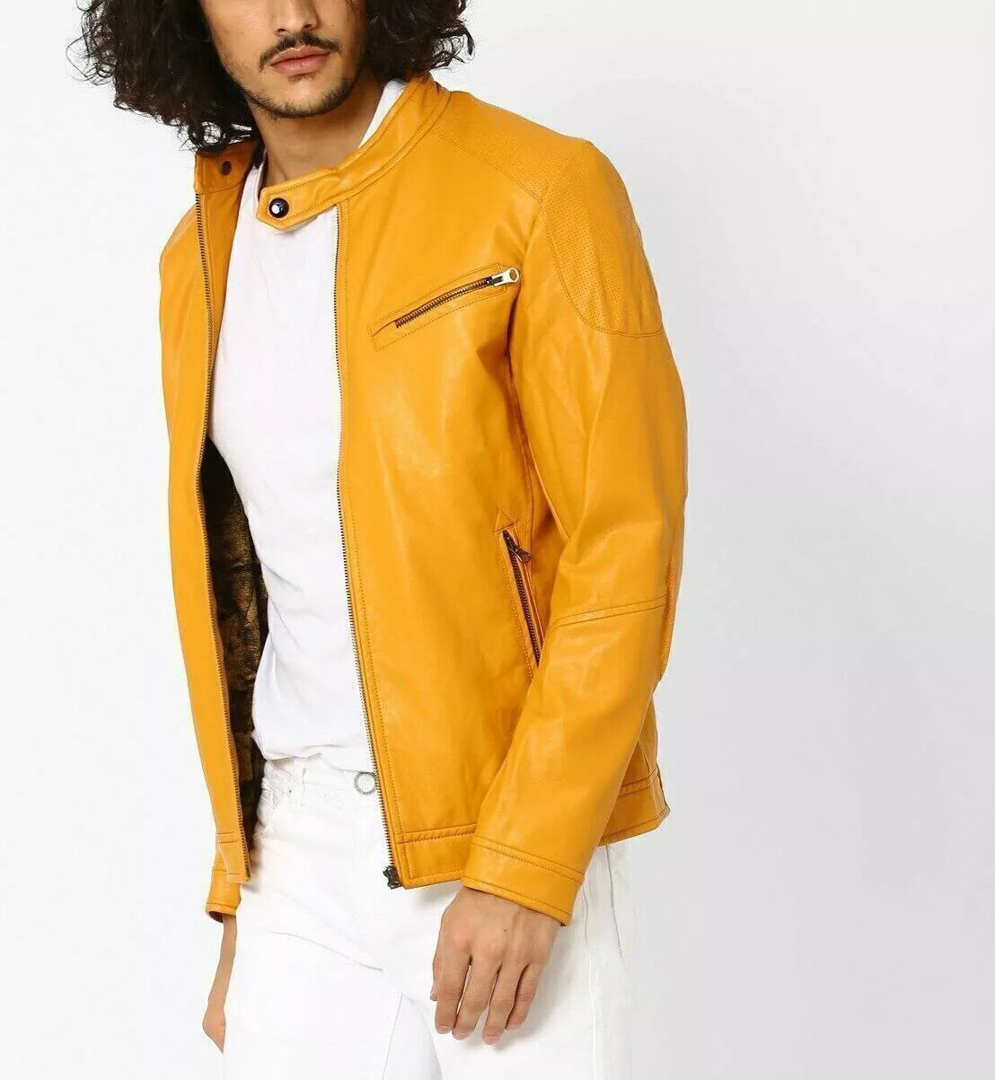 New Genuine Slim Fit Motorcycle Leather Men Real Lambskin Biker Yellow Jacket