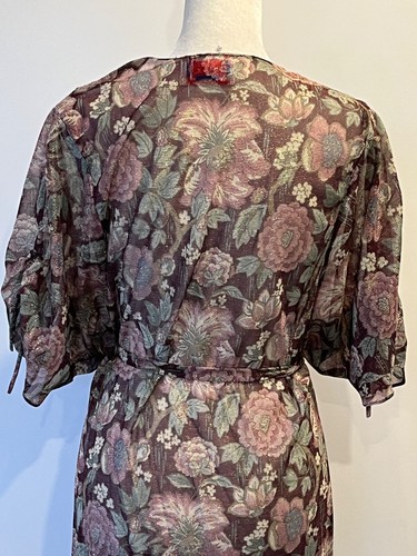 Vintage 1970s NU PHASE Sheer Floral Wrap Midi Dress w/Metallic Stripes Sz. S/M - Picture 7 of 10