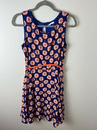 Ezra Navy Blue Neon Orange Floral Print Belted Sleeveless Dress Size Small S
