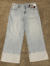 Weekend Academy Light Wash Girls Wide Leg Pleated Cuff Hem Denim Jeans, Size 16
