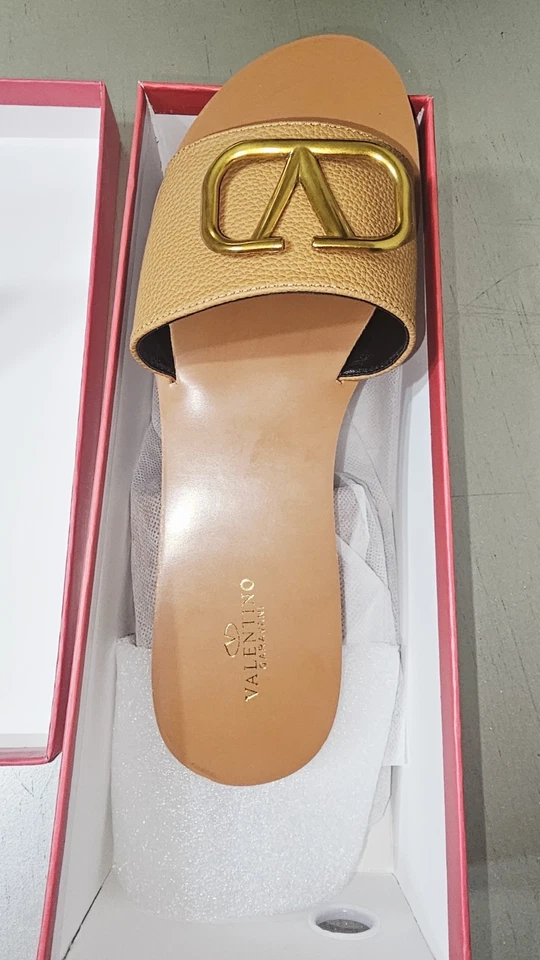 Valentino Garavani Brown Gold Logo Slide Sandal Women Casual Summer Size 10 - Image 1 of 4