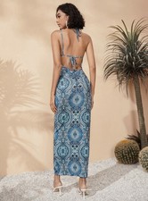 Blue Multicolour Floral Print Cut Out Tie Back BodyCon Dress Size L 12 Holidays