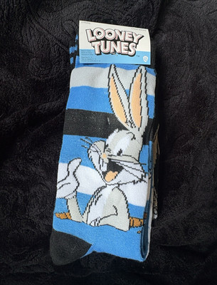 Looney Tunes Bugs Bunny Men's Crew Socks Size 6-12 2 Pairs Blue/Black Striped