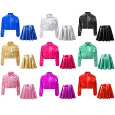 Kids Girls Skirt Suit Solid Color Dance Costume Vibrant Color Outfit Stretchy