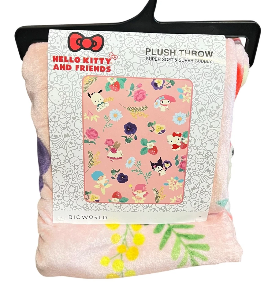 "Manta de felpa Hello Kitty & Friends estampado floral rosa 45""x60"" nueva" Foto 2 de 4