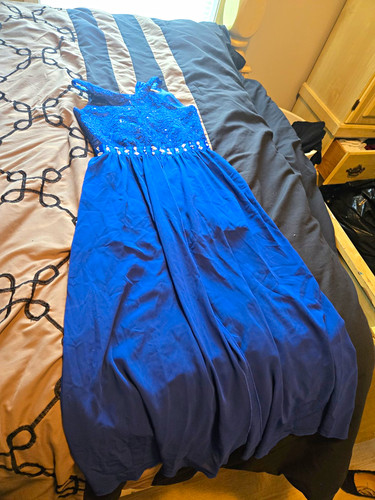 New Look Teens Blue Sleeveless Lace Bodice Beaded Sequin Long Gown 12