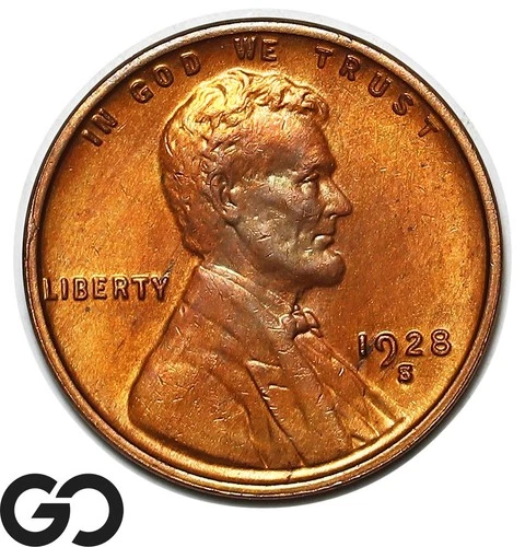 1928-S Lincoln Cent Wheat Penny, Red, Gem BU++ RD