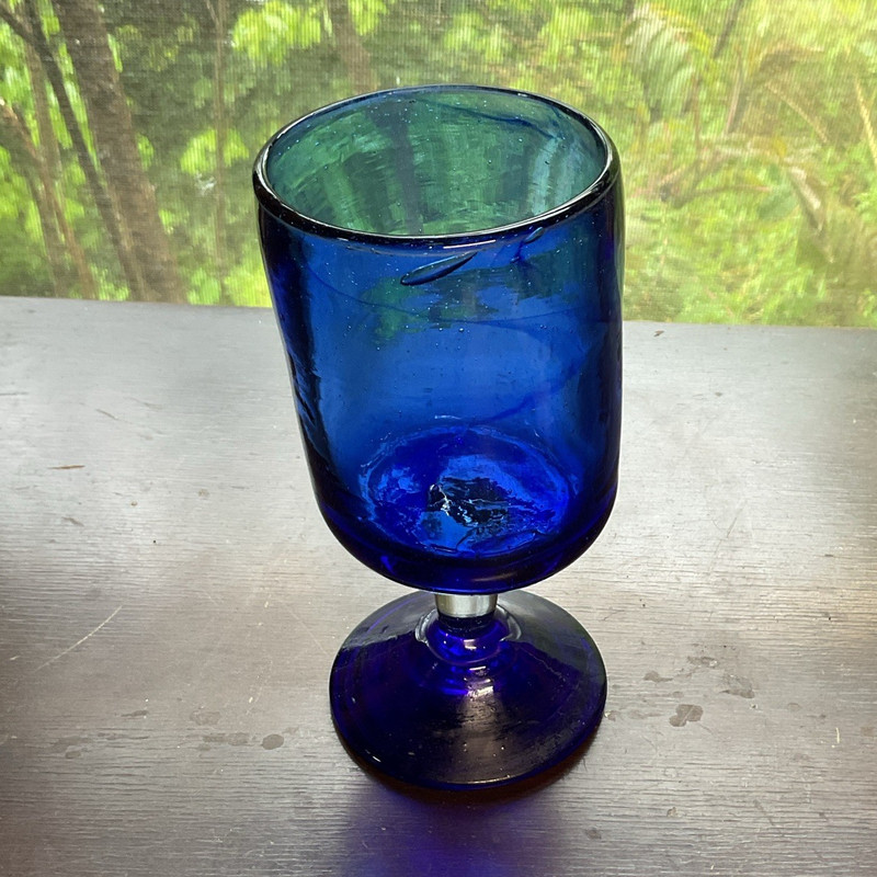 Cobalt Blue Hand Blown Glass Goblet Glossy Round Shape no chips no cracks