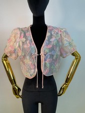 Vintage romantic Applique flowers sheer bed jacket bolero cropped blouse