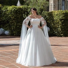 A-Line Long Princess Wedding Dress With Off Shoulder Caped Flower Lace Appliques