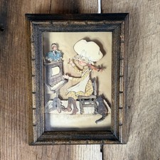 1970's Holly Hobbie Style 3-D Art Decoupage Wooden Frame