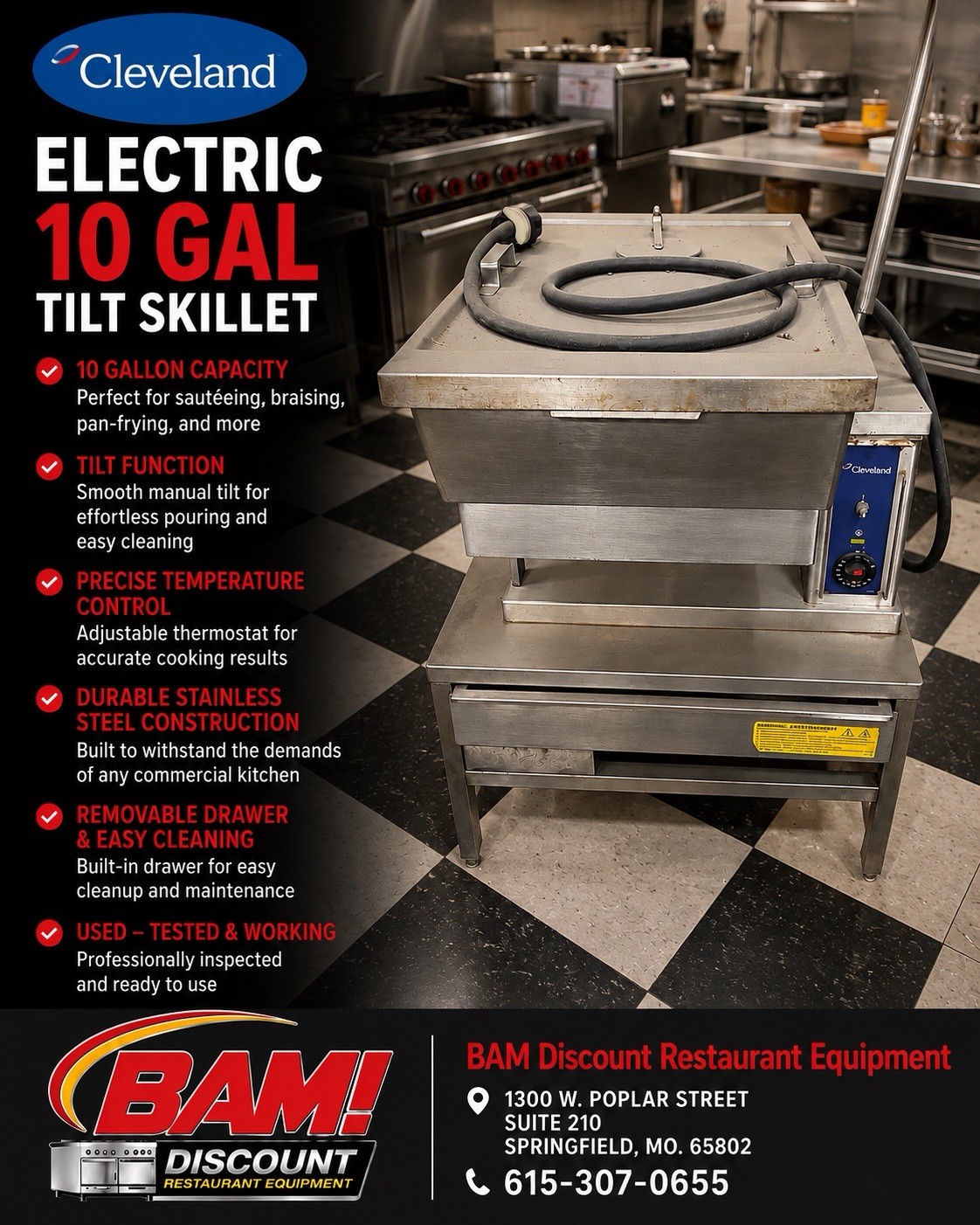 Cleveland Electric 10 Gallon Tilt Skillet – Commercial Countertop Braising Pan