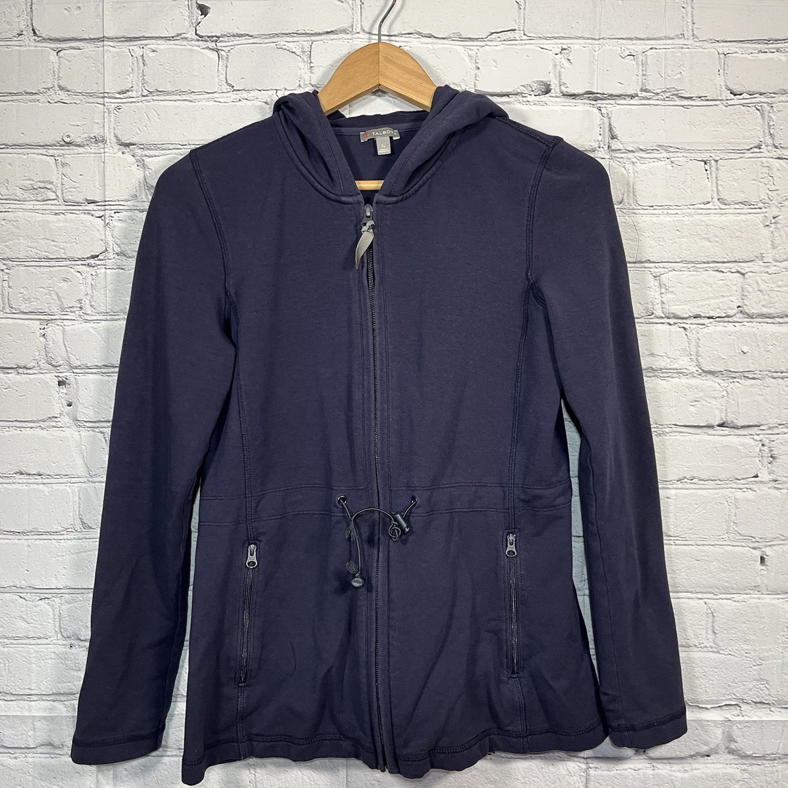 T by Talbots Sweatshirt Full Zip Jacket Size Small Petite Blue Drawstring Waist
