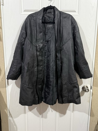 Vintage Comint Trench Coat Woman Large Black Leather Western 80s - Picture 1 of 6