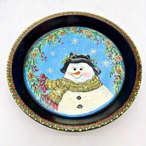 R Brent Hand Painted Wood Plate Snowman Christmas Folk Art Winter 2020 9.75"