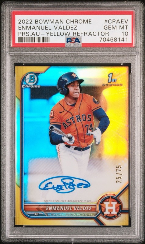 2022 Bowman Chrome Enmanuel Valdez Yellow RC Auto PSA 10 Pirates