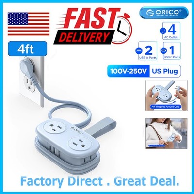Power Strip wi/ 4 Outlets 3 USB Charging Station 4ft Extension Cord for Travel