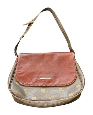 Texier Brown Leather & Green Coated Canvas Shoulder Bag Made in France